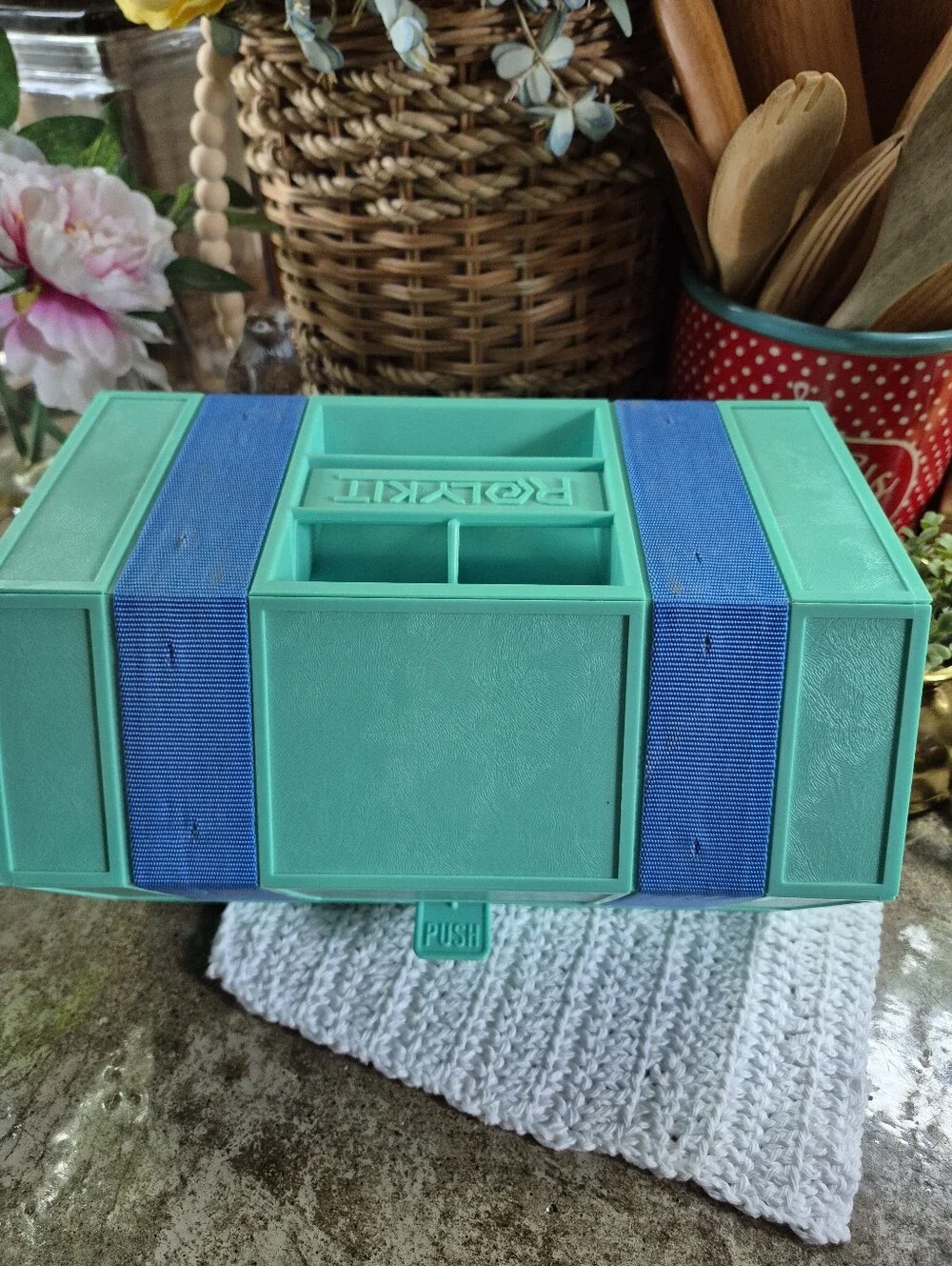 Vintage Rolykit Roll-up Storage Organizer 1970s/1980s Sea Foam Green Blue Box